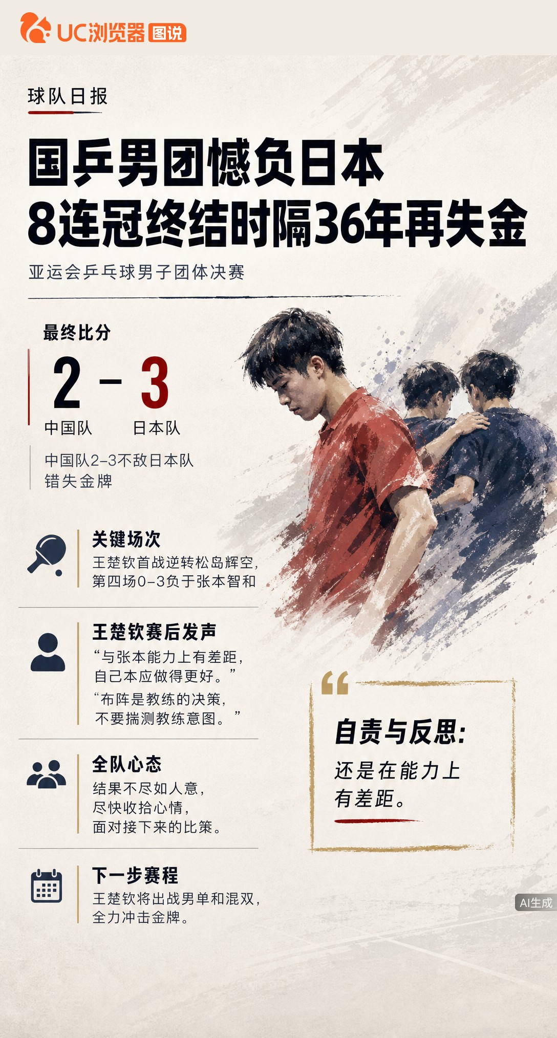 男团8连冠终结，王楚钦关键战0-3脆败张本智和。他赛后坦言能力有差距，还回应布阵争议：别揣测教练意图