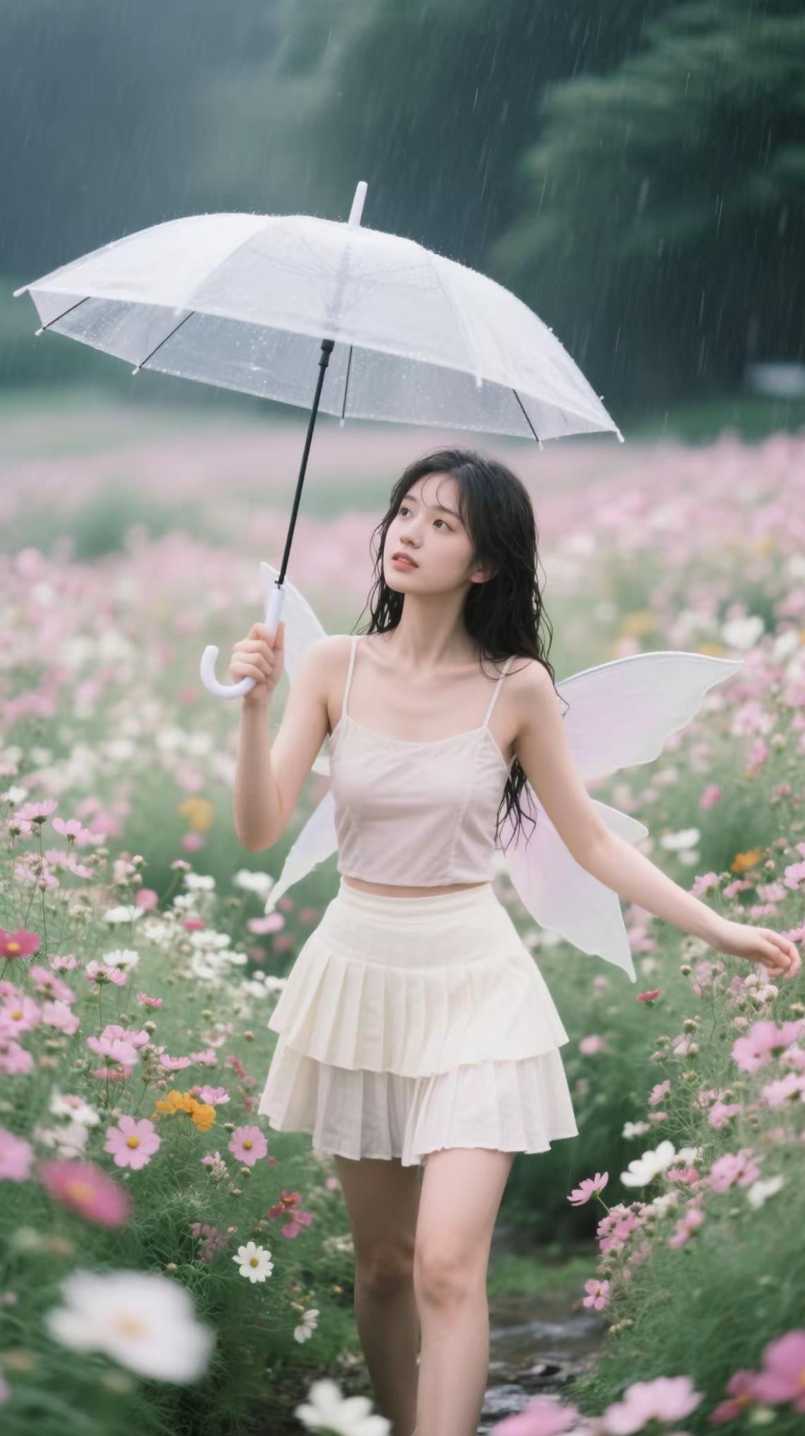 雨中漫步，花海漫步，伞下少女，微笑如花。晴天下的花海春天雨中风景