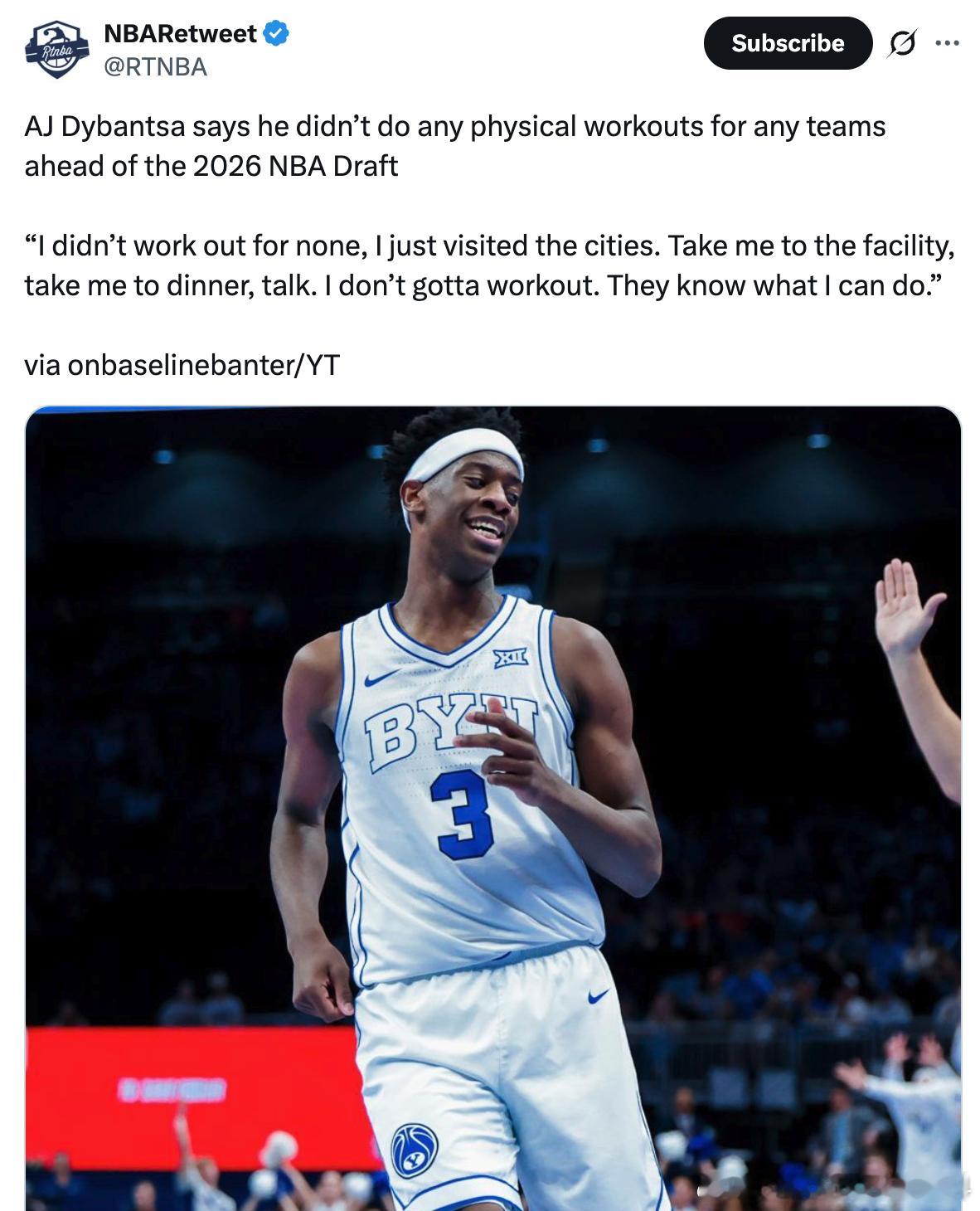 AJ·迪班萨表示，在2026年NBA选秀大会前，他没有为任何球队进行过场上试训：