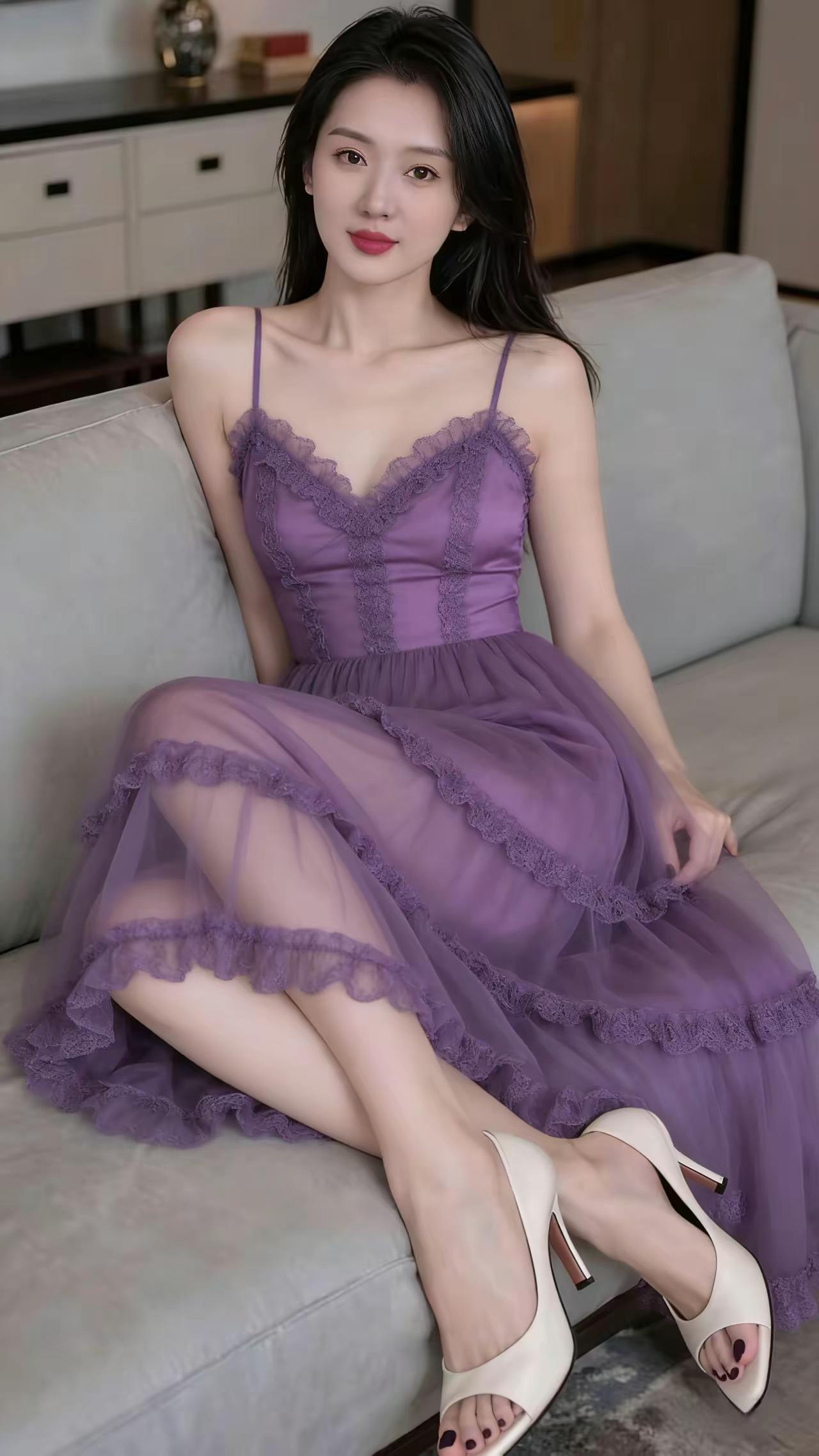 紫色蕾丝连衣裙，优雅气质，轻松自在。分享女神级美照