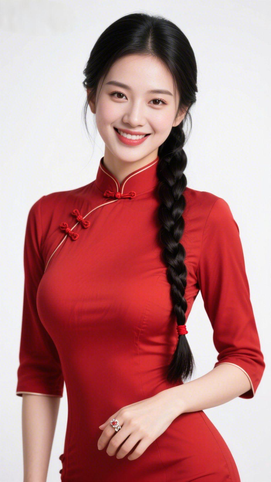 红旗袍韵藏芳华素白背景前，她身着正红旗袍，朱红盘扣与衣料的艳色相映，麻花长