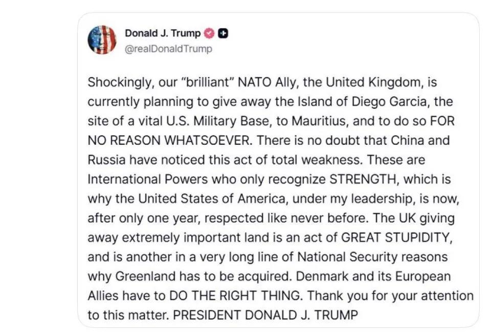 美国总统老特严厉批评英国将包括迪戈加西亚岛在内的查戈斯群岛移交给毛里求斯的决定：