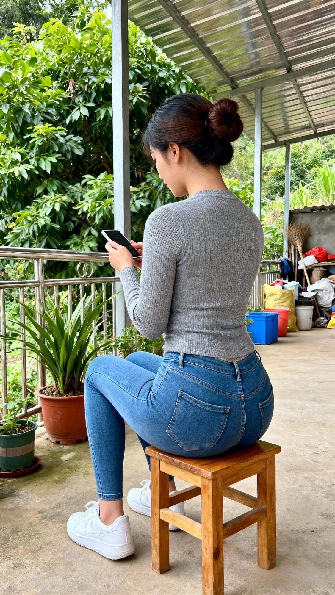 棚顶滤过的光，落在灰针织的纹路里，像揉碎的云。发鬓挽成的圆髻，垂着几缕软发，随风