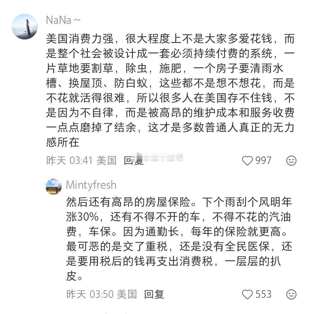 有观点认为，美国消费力强的原因就是整个社会被设计成条条框框的，你不得不花钱才能生