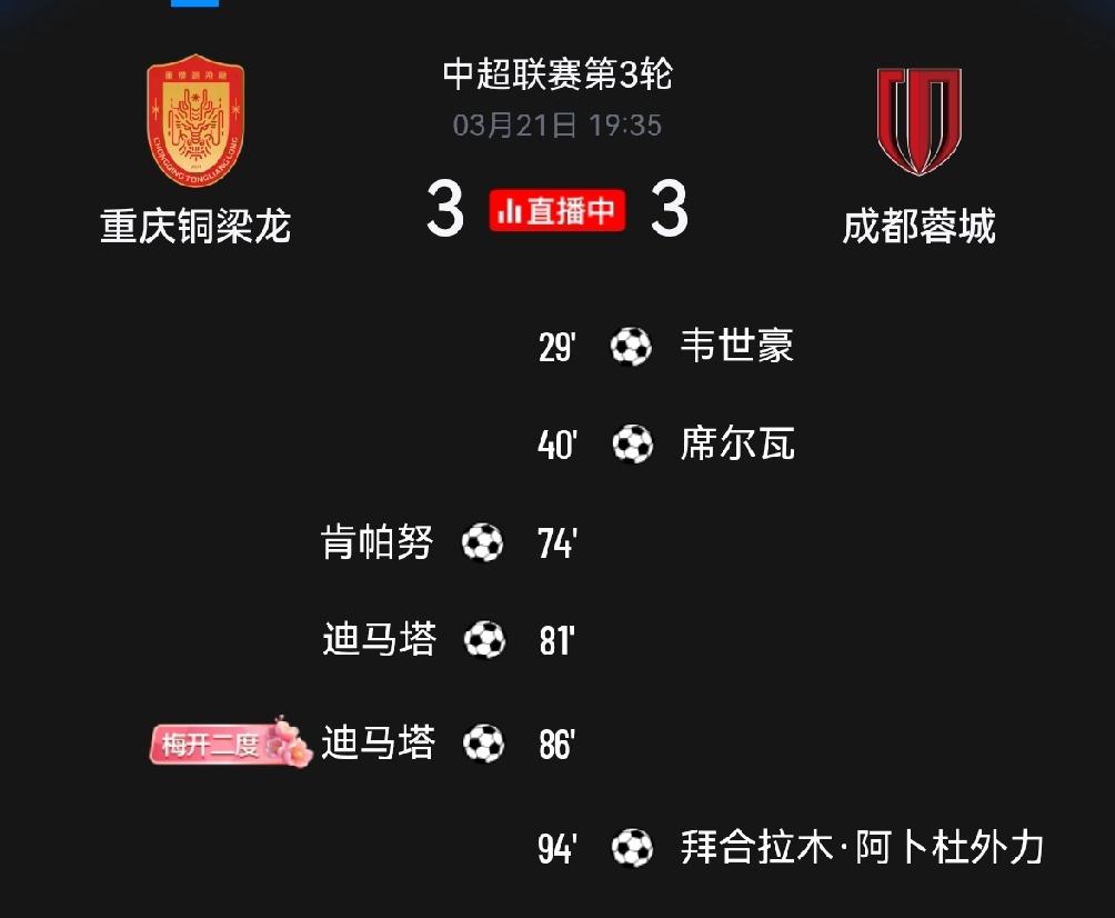 精彩绝伦！中超川渝德比，重庆铜梁龙VS成都蓉城。上半场蓉城韦世豪与席尔瓦各进一球