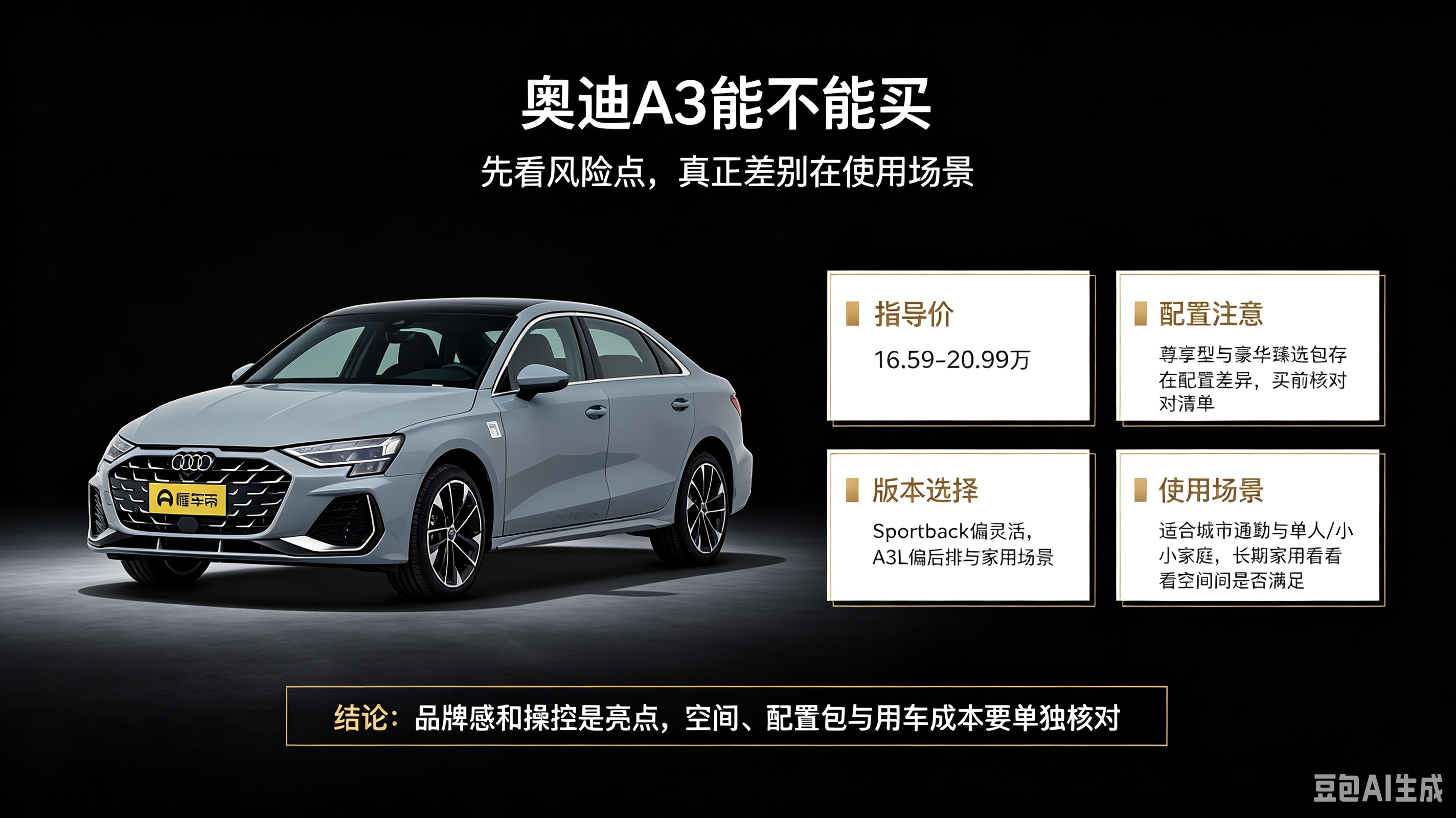 奥迪A3能不能买，先看风险点和使用场景。指导价16.59-20.99万，品牌感和操控是亮点，但空间、