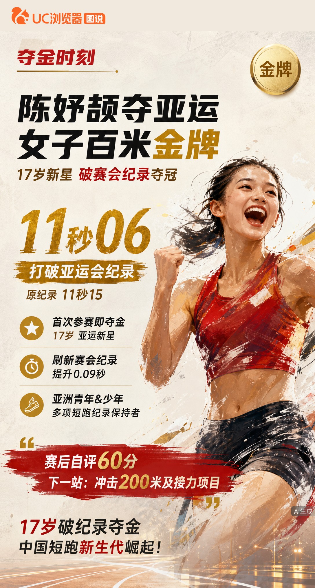 17岁陈妤颉名古屋亚运女子百米夺冠！11秒06大幅刷新赛会纪录，首次参赛即破纪录摘金。赛后自评仅60