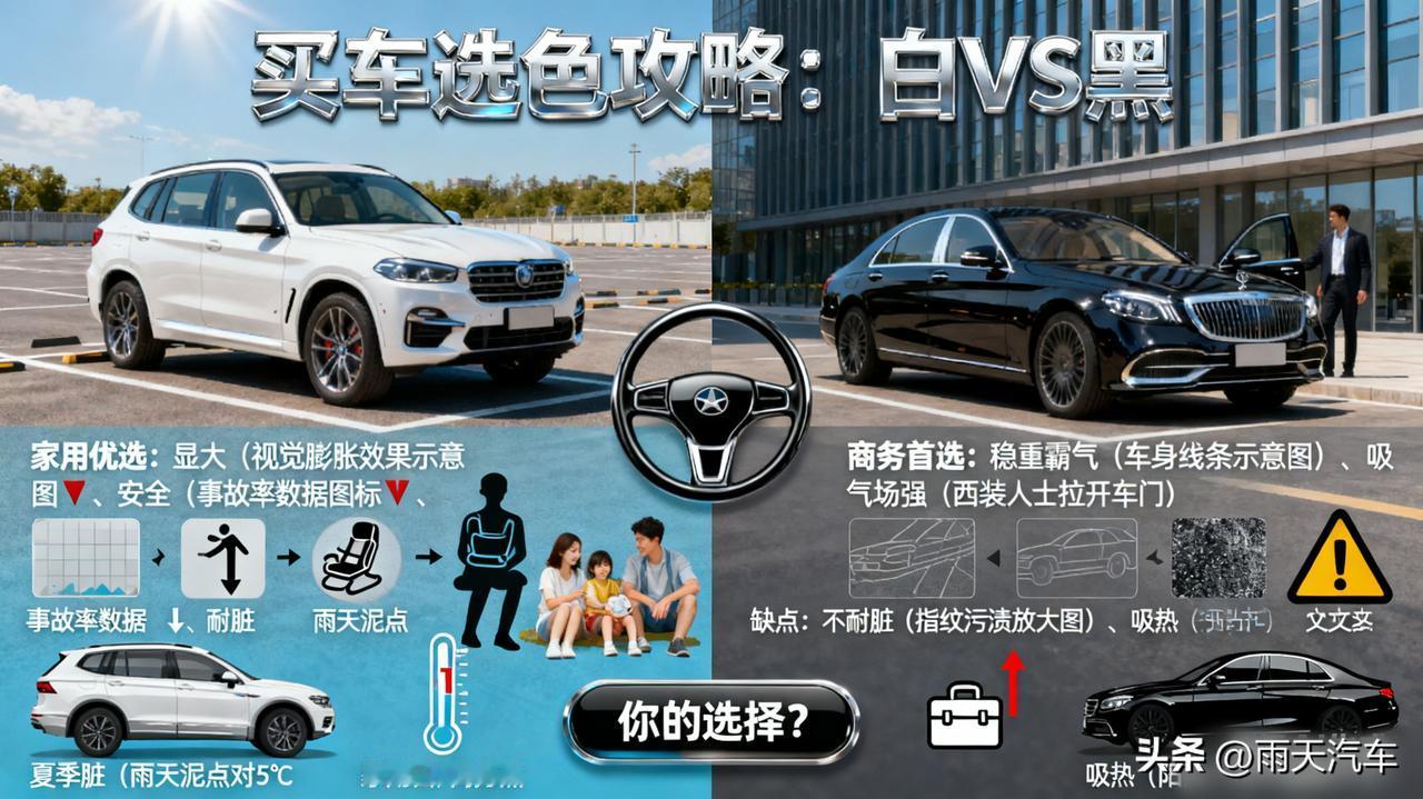 买车选白色还是黑色？这里面学问大了！白色：显大、安全、耐脏、夏天不吸热。黑色