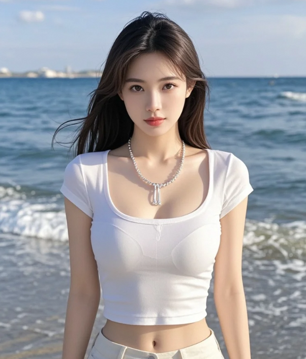 海边优雅踱步，佳人气质如兰沁心脾