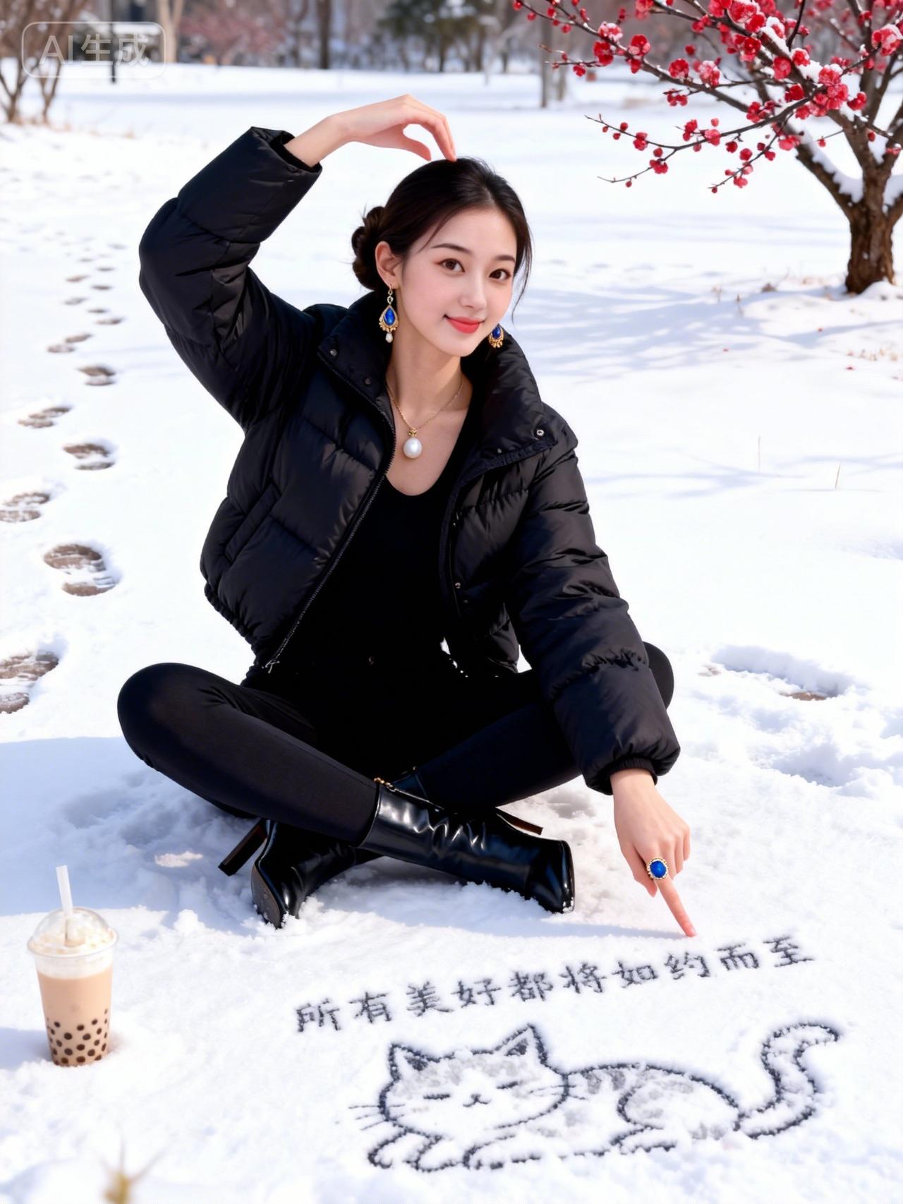 在雪地里画只小猫，等美好敲门～​揣着奶茶和温柔，与冬日雪景撞个满怀