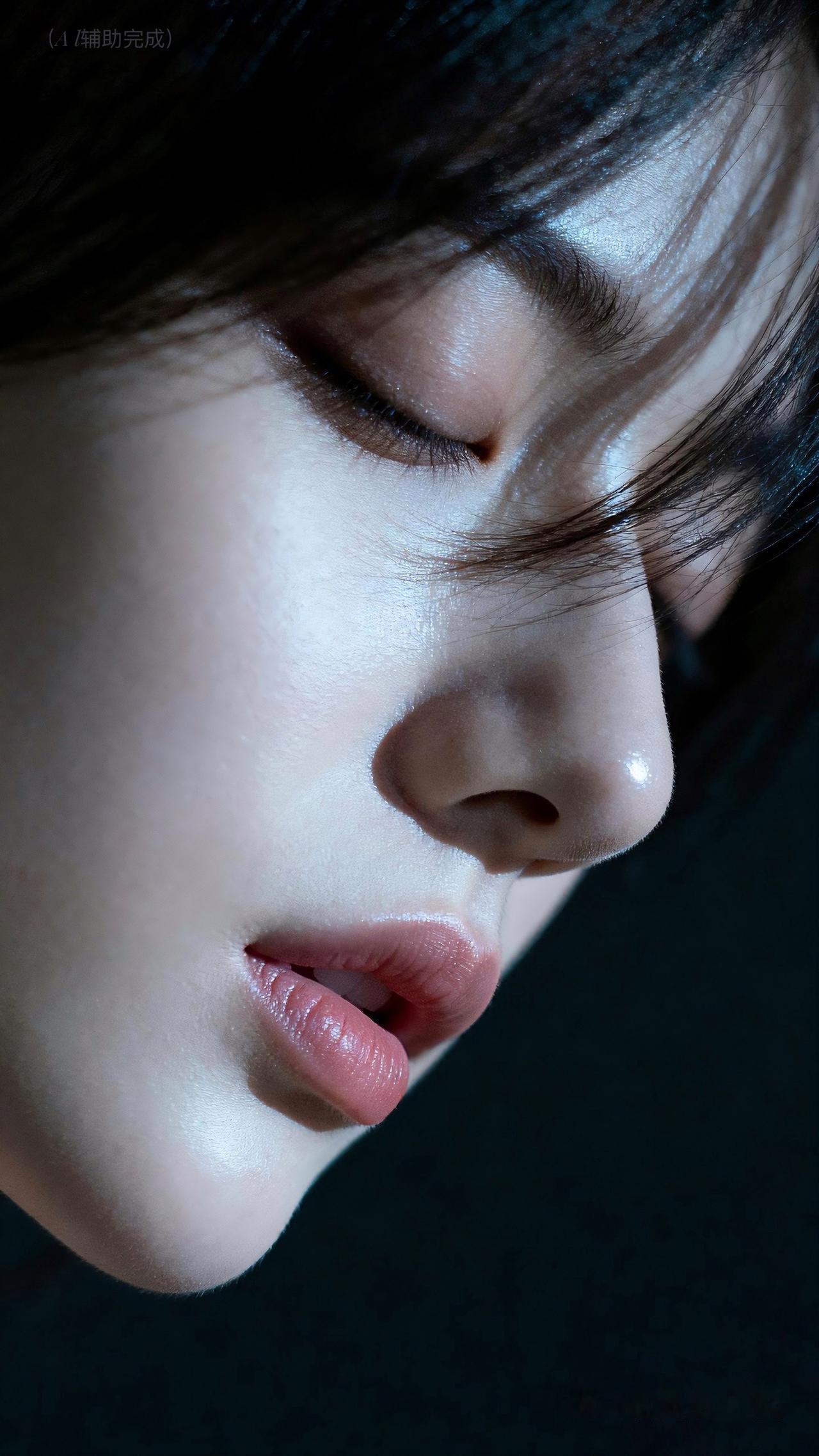 睫羽轻阖，墨发垂落如瀑，柔光吻过莹润肌肤，唇若樱瓣泛柔光。暗调背景下，静谧似月光