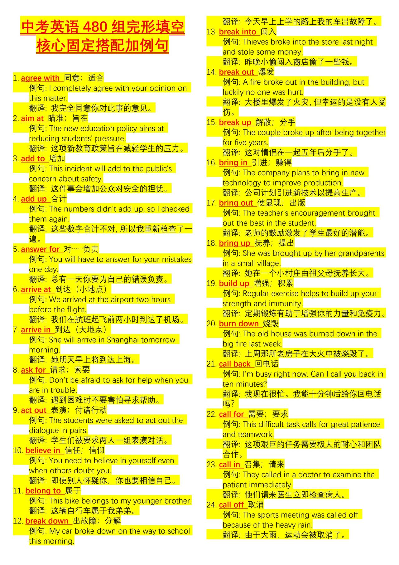 中考英语完型填空480组核心固定搭配。学好英语最简单高效的方法不是背单词而是背句