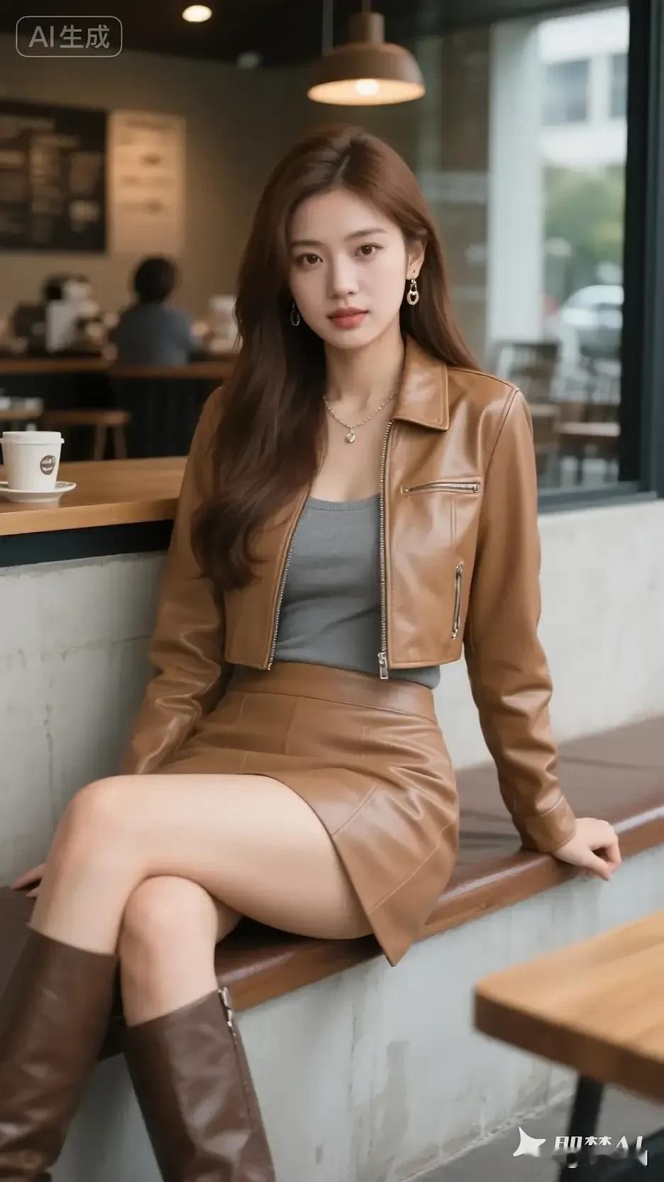 棕皮裙裹着咖啡香，耳坠晃成暖调的光。长发垂过软的风，连窗边的晨都甜成了轻的模样。