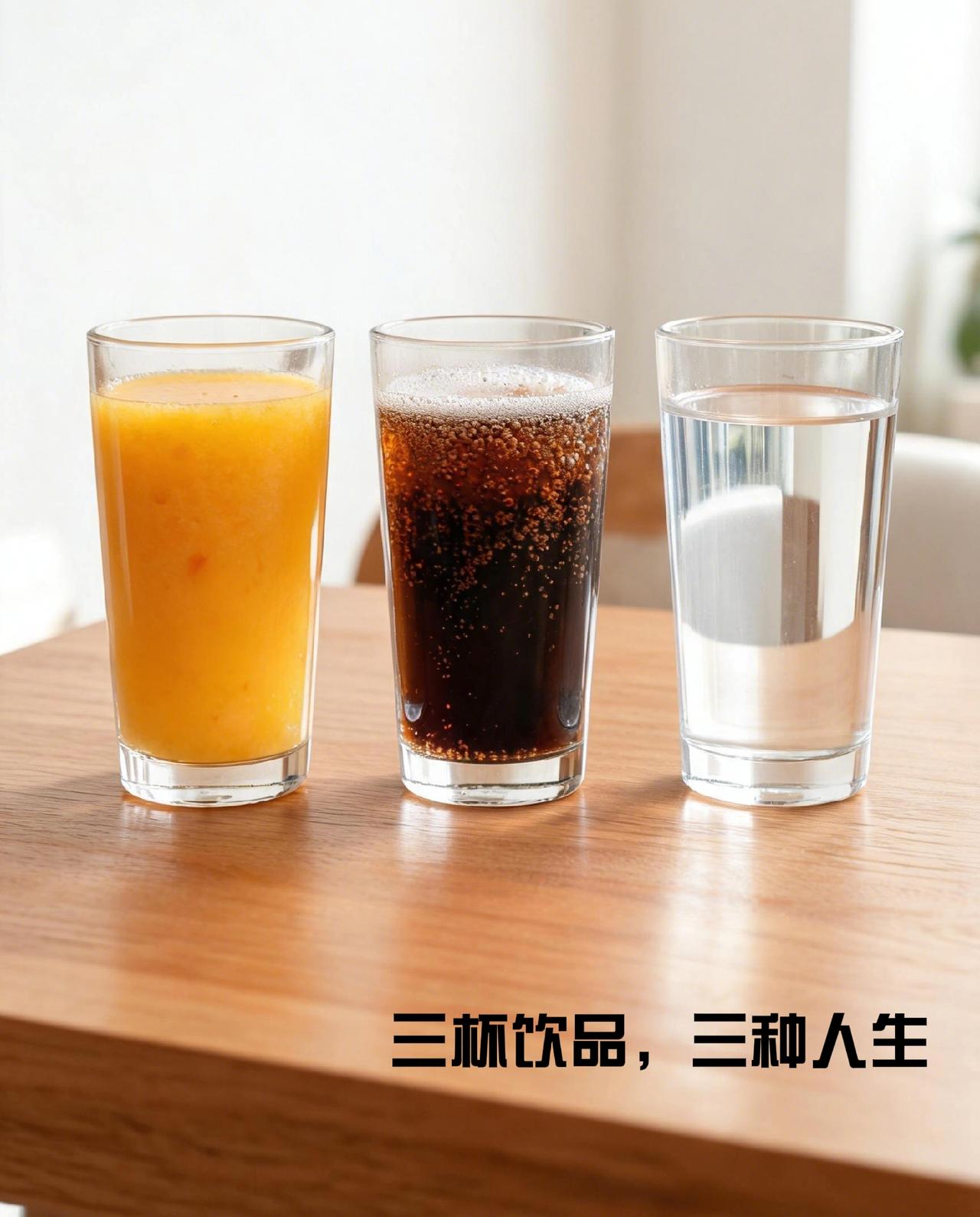 三杯饮品，三种人生桌上摆着可乐、果汁、白开水，摆在面前，反倒让人琢磨起生活