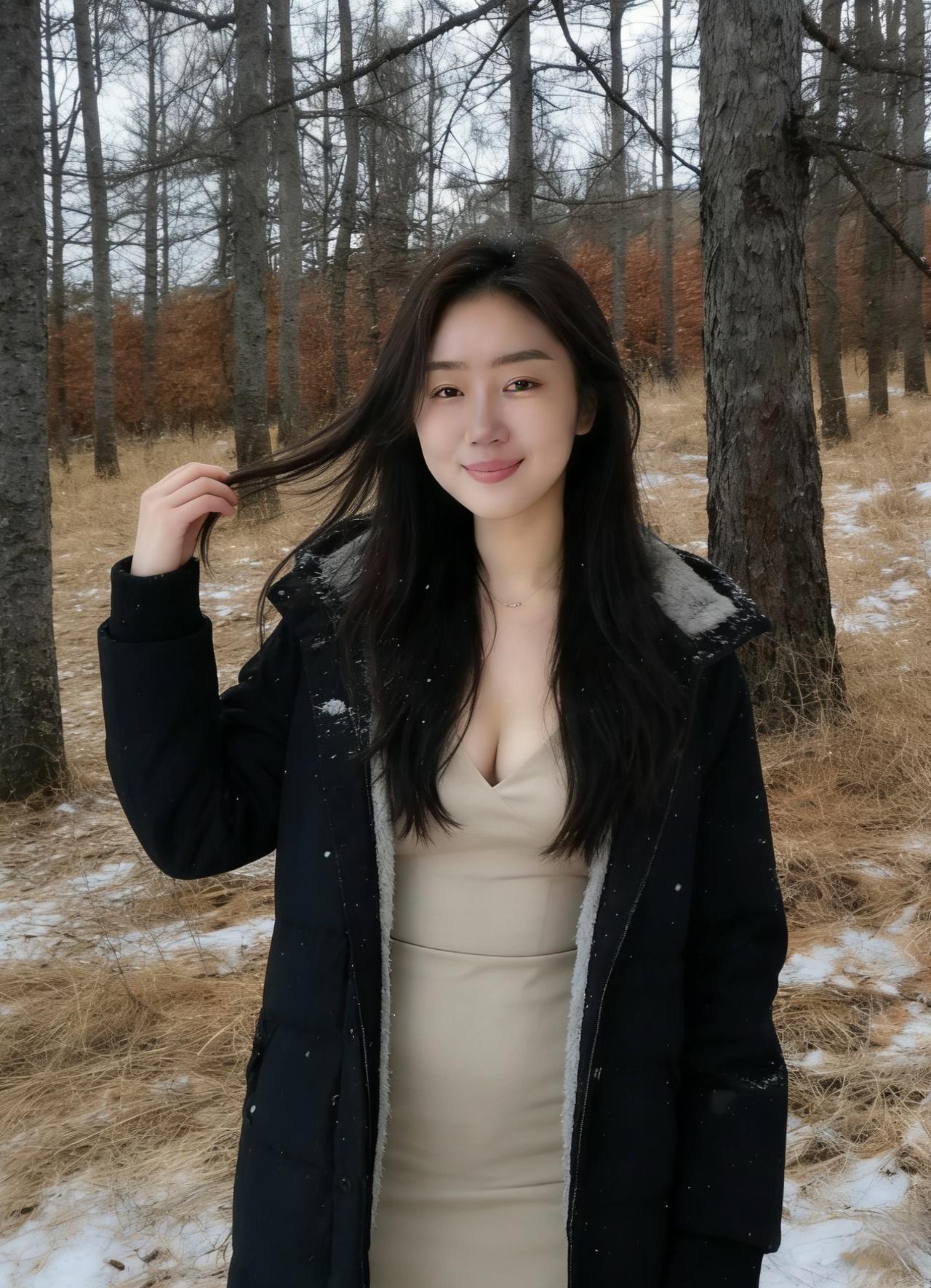 黑风衣驮着蓬松的白绒像驮着一整个未化的雪季而米色裙摆偷偷探出衣角把冻土焐出