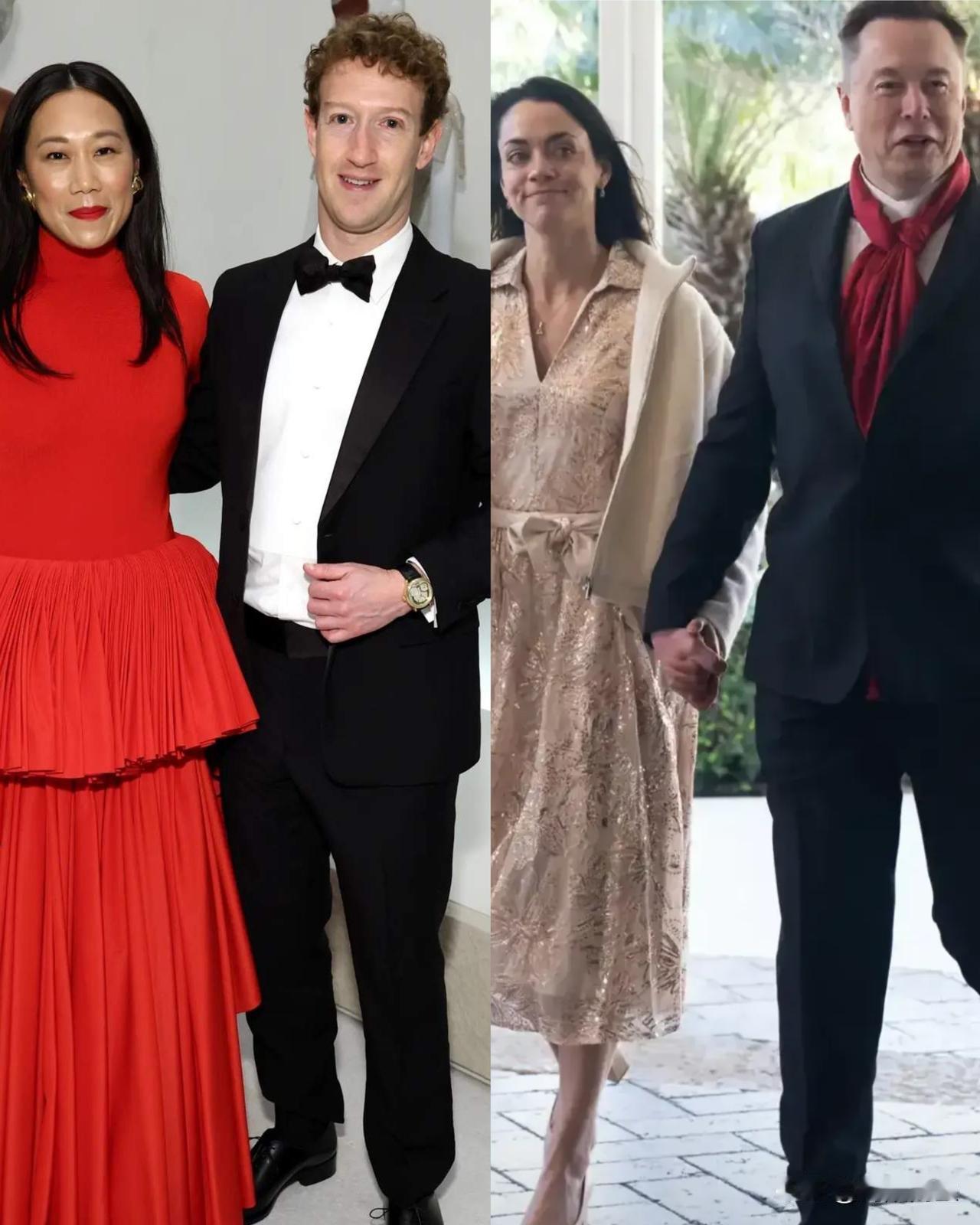 左边是扎克伯格，和妻子普莉希拉，右边是马斯克，和高管女友希冯，一个结婚14