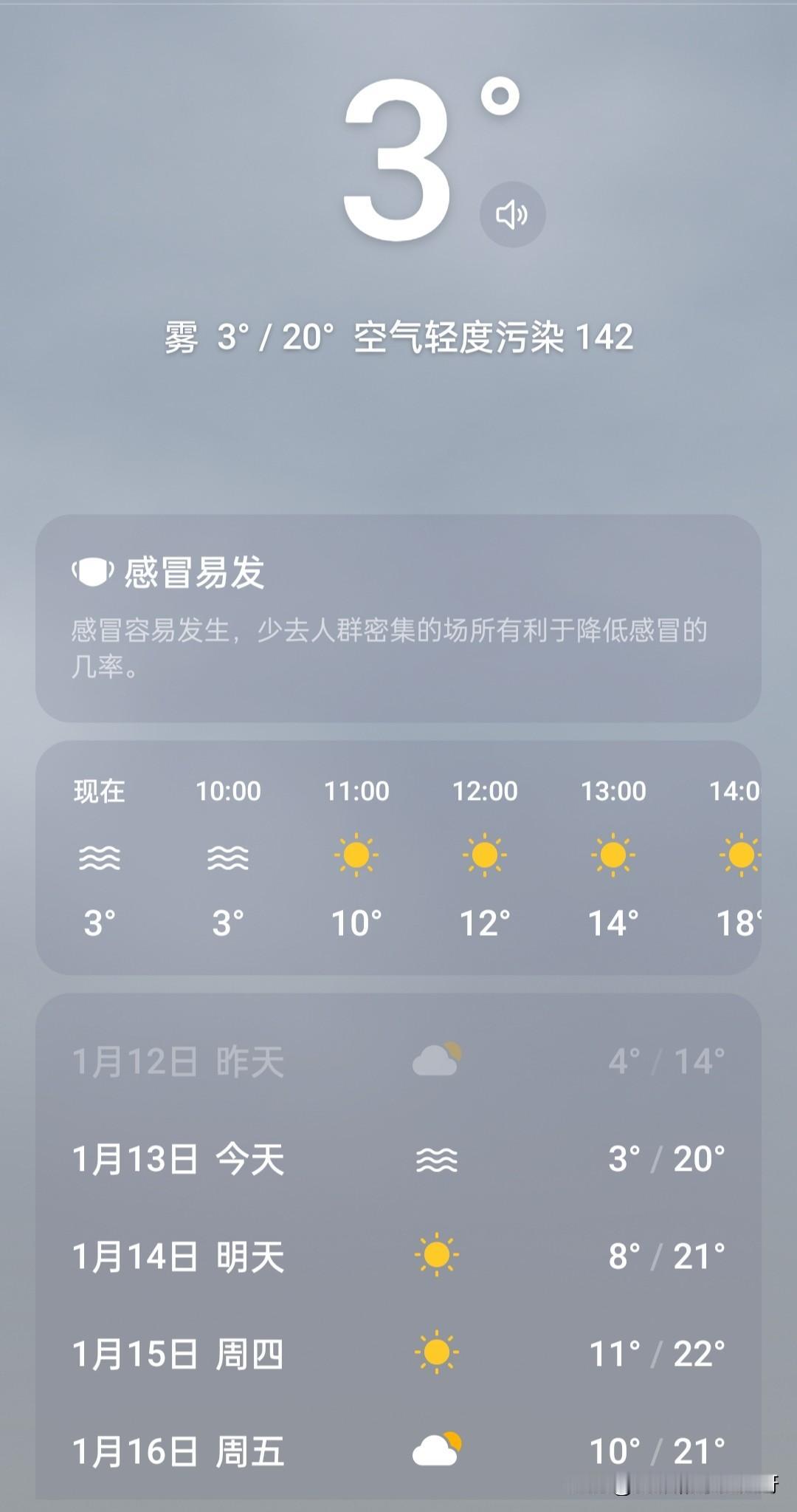 记录我的2026今天最低温度3℃，最高温度20℃，早中晚温差较大，怪不得最近感冒