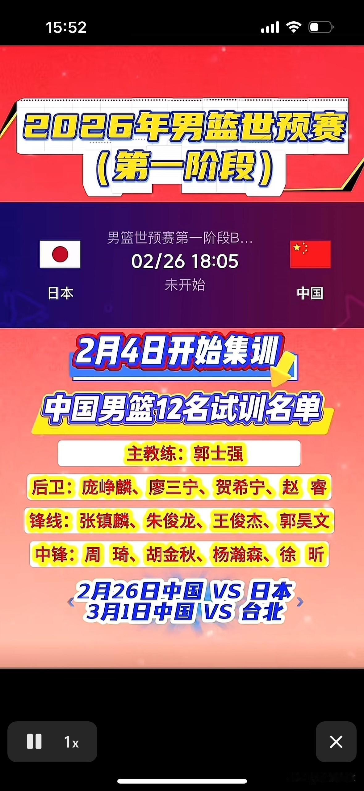 国家男篮最新试训名单新鲜出炉，庞峥麟、贺希宁、郭昊文、徐昕均已入选！2月4日起