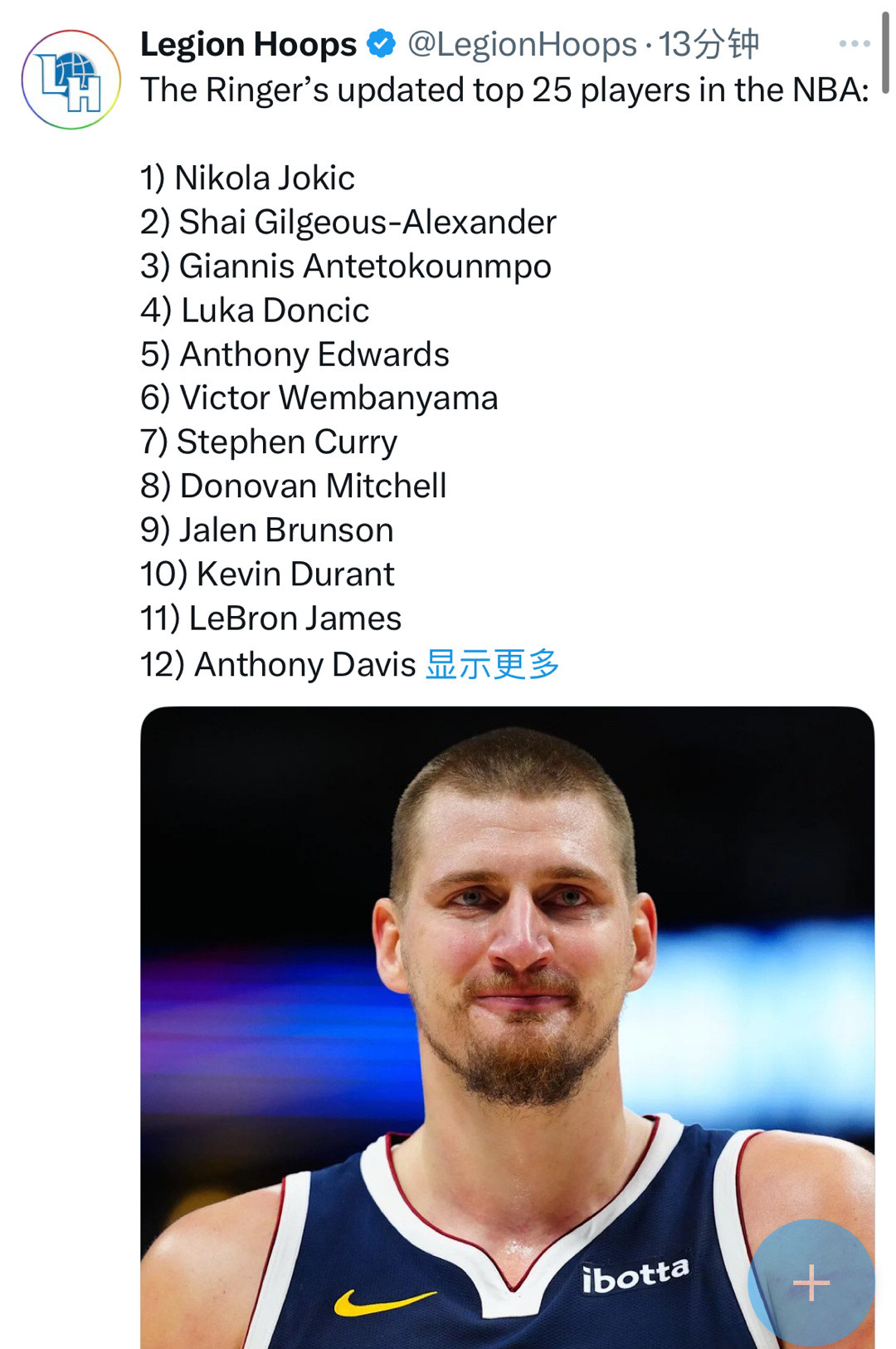 LegionHoops排现役前25球员看看是否和你想的排名差不多1约基奇