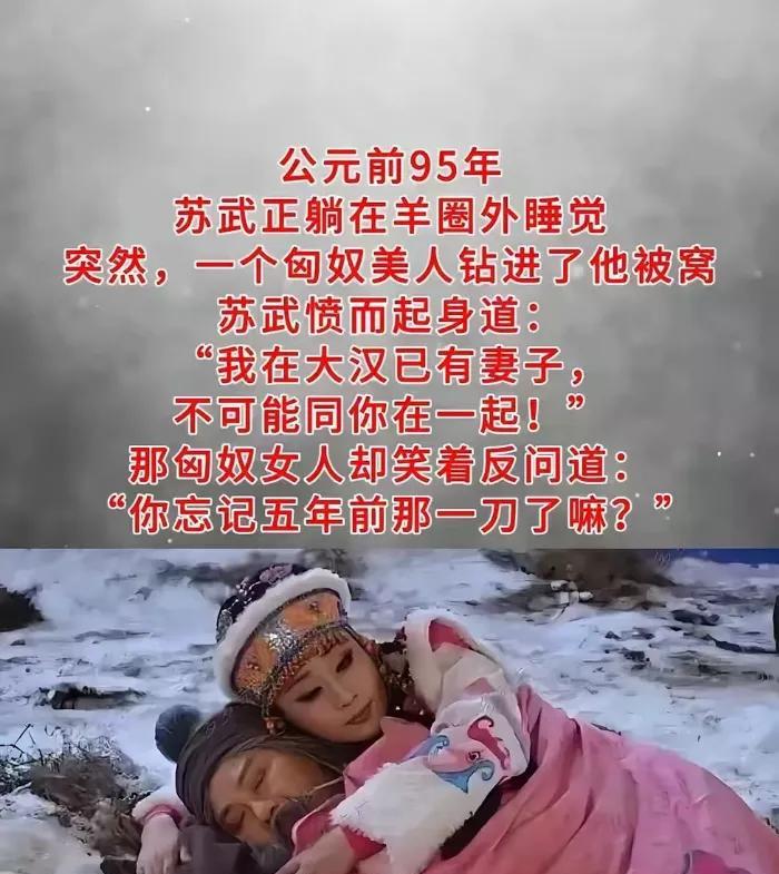 公元前95年，苏武正在羊圈外睡觉，一个漂亮的匈奴女人突然钻进被窝。苏武起身愤怒道