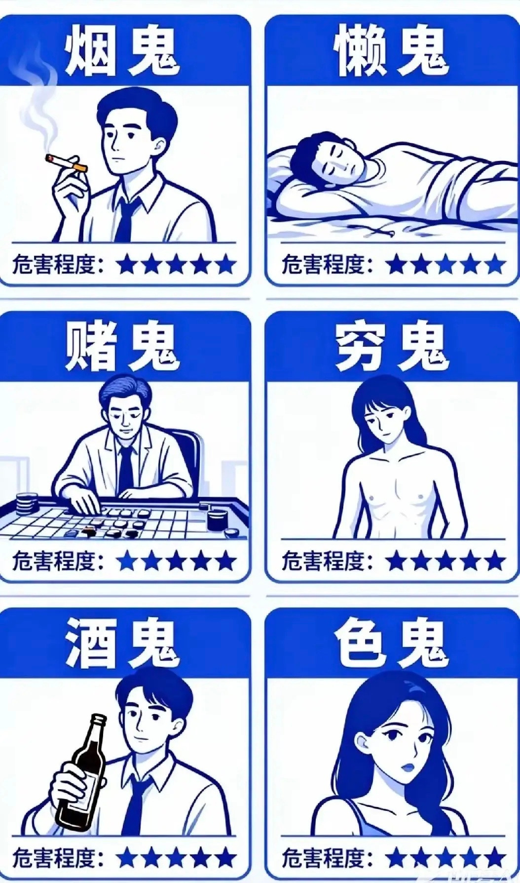 六鬼缠身，神仙难医！1．烟鬼：肺病！2．赌鬼：精神病！3．酒鬼：肝病！4．懒鬼：