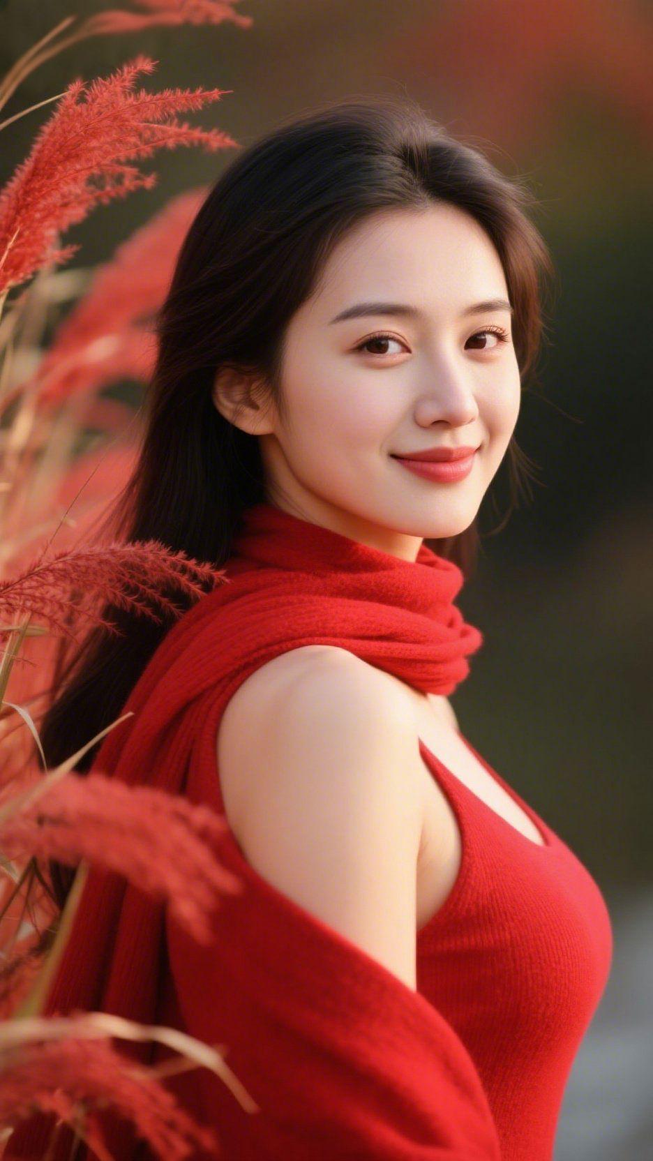 红衫映秋，浅笑生暖风掠过郊野的红茅，扬起细碎绒花。一袭红衣裹着温软笑意，在