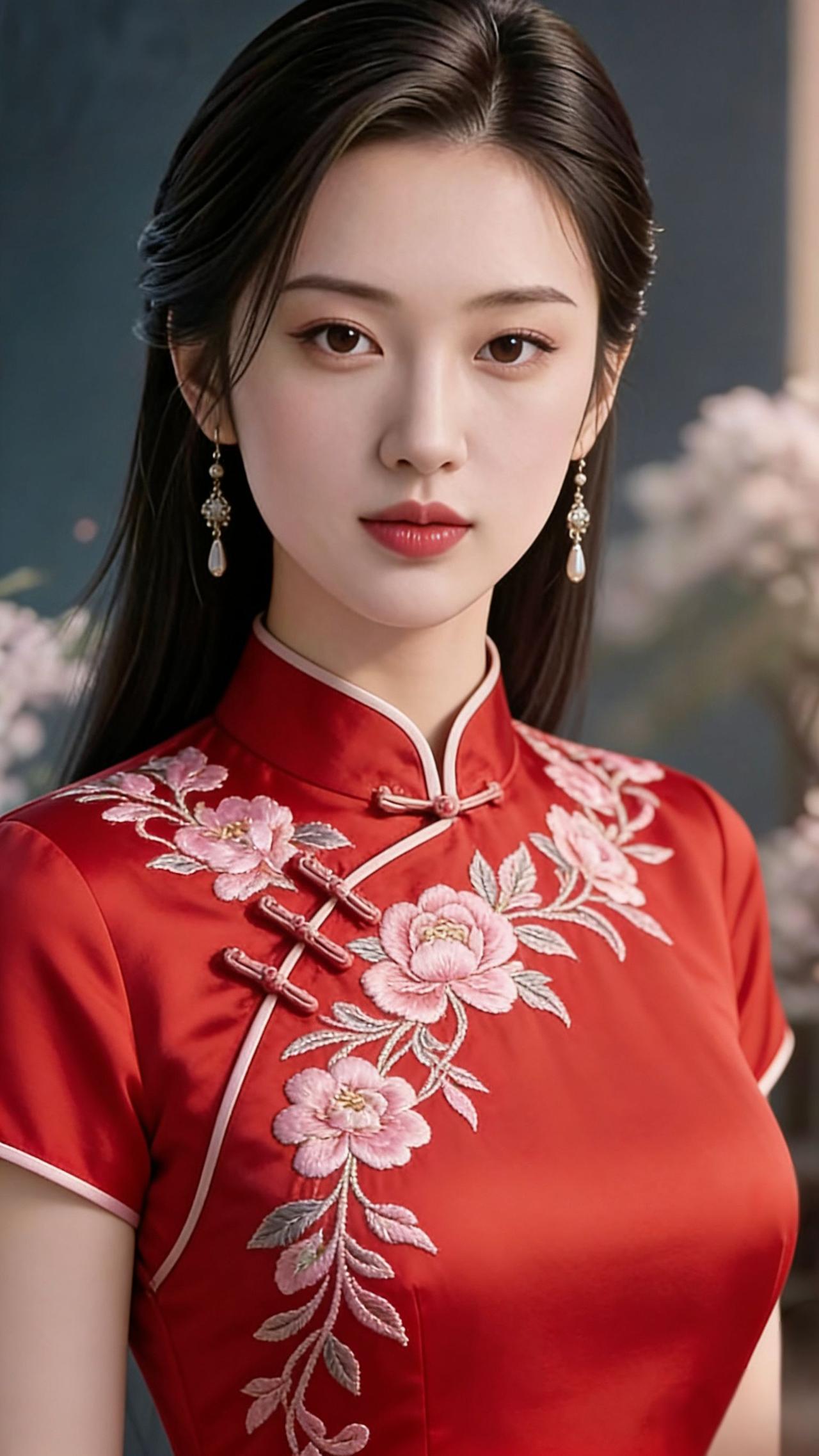 红袍绣蕊韵东方一袭艳红旗袍加身，似将晚霞的热烈凝入衣袂，粉色绣蕊沿襟边蜿蜒