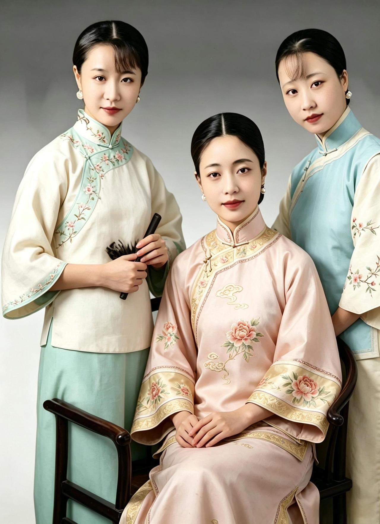 这是末代皇后婉容与二小姑子韫和‌、三小姑子韫颖‌在一起。作为大嫂与皇后，婉容端坐