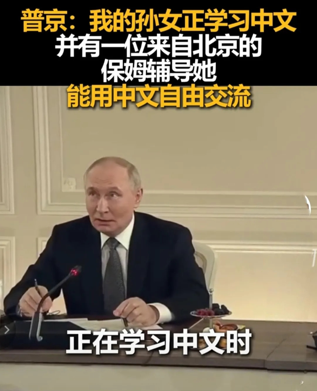 普京说，他的一位孙女正在学习中文，有一位来自北京的保姆在辅导她，她能跟保姆用中文