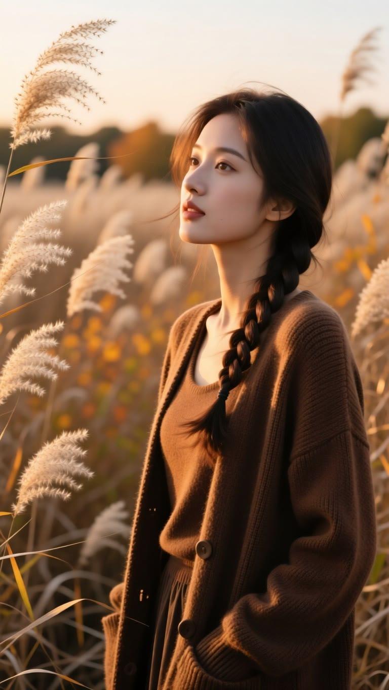秋日田野中的少女，温柔地凝视远方，长发编成辫子，暖阳洒满金色的麦田。
