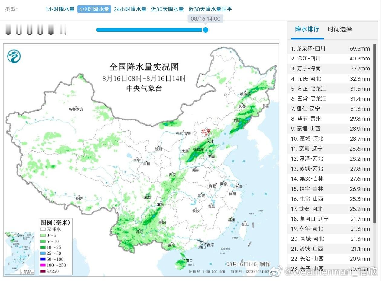 【强降雨和强对流】今天08-14时，海南云南一直到东北多地出现西南-东北走向的降
