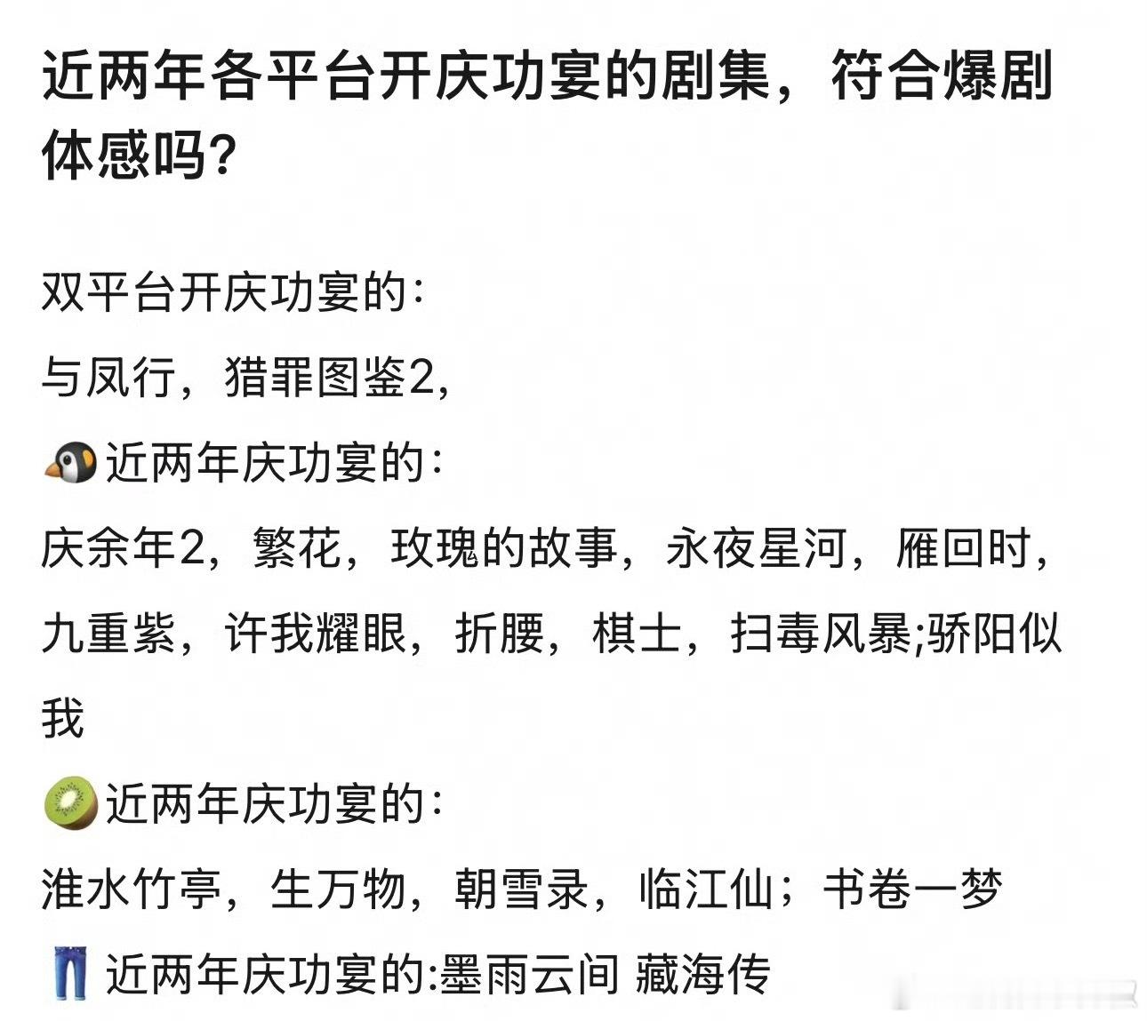 🐧👖🥝开庆功宴的剧集，你觉得哪部实至名归的爆？