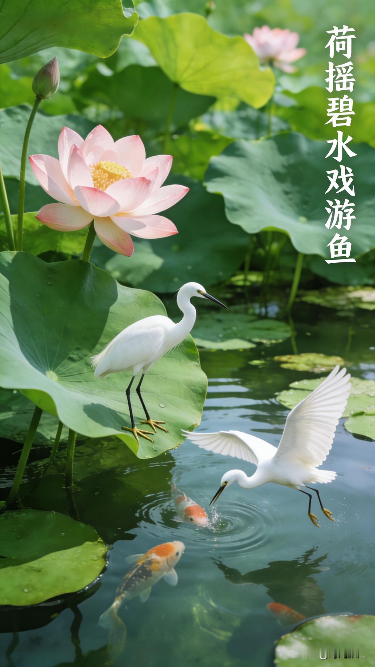 荷摇碧水戏游鱼，这上联描了荷塘的趣景，各位才子才女快来对下联，评论区等你们的佳