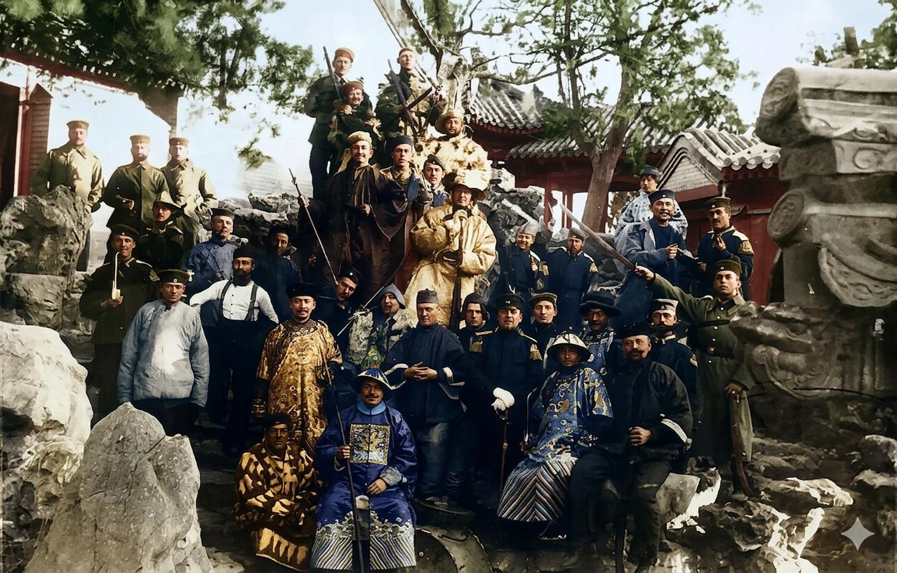 1900年，攻陷北京后的八国联军德军部队，于京城皇家园林内，换上了劫掠而来的清代