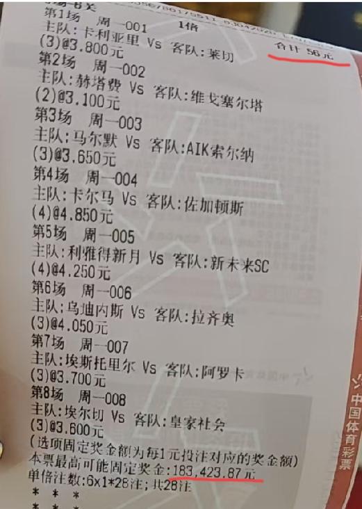 “8场-6关”的猜进球数的票来上一张，大家觉得这些“总进球数”靠谱不？票面显示