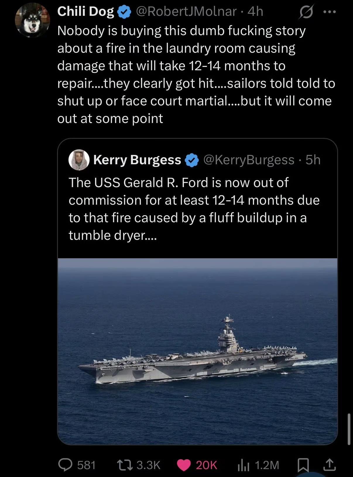 因为五角大楼是说福特号需要返港维修12到14个月，美国人开始怀疑福特号洗衣房起火