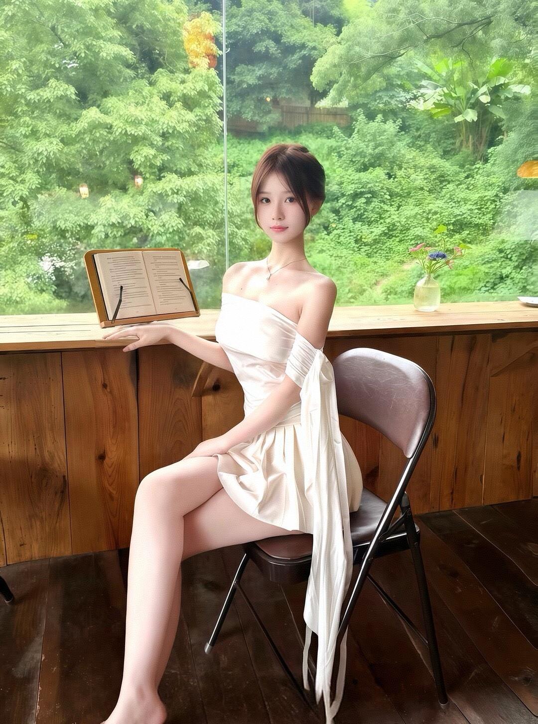 夏日清新，绿意盎然，轻纱飘逸，静坐木桌旁，享受自然之美。