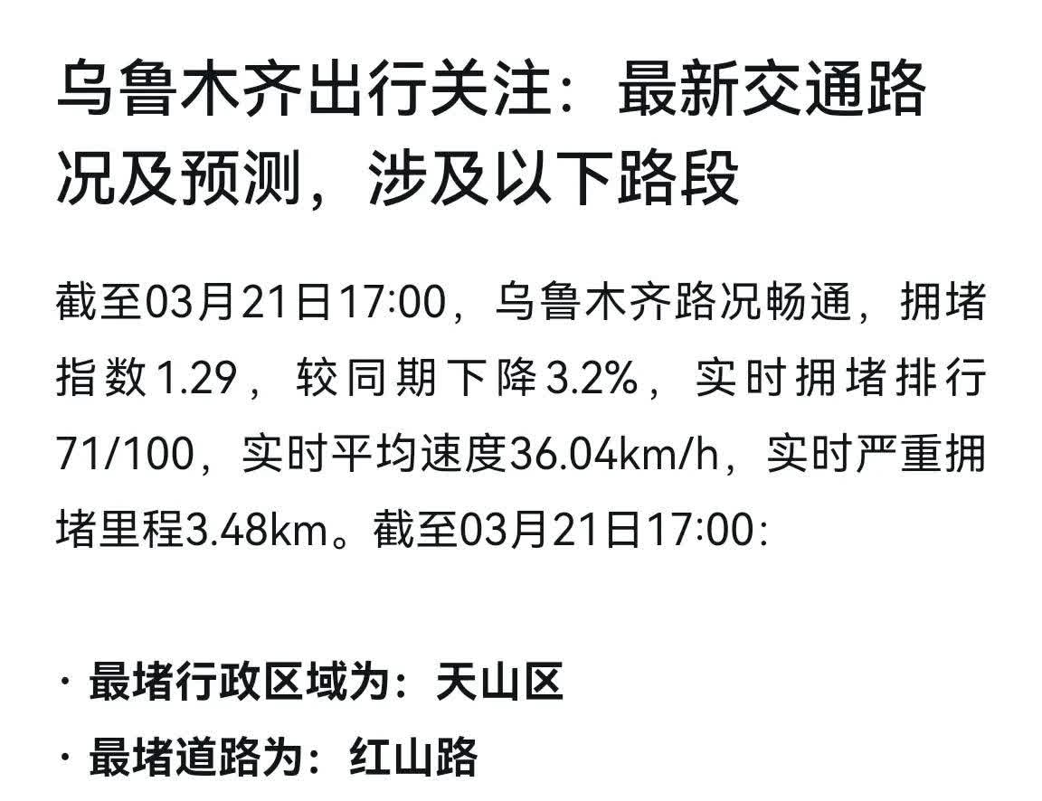 拥堵和繁华成正相关。从下面的拥堵实时数据可以看出，天山区作为乌鲁木齐的老城区，拥