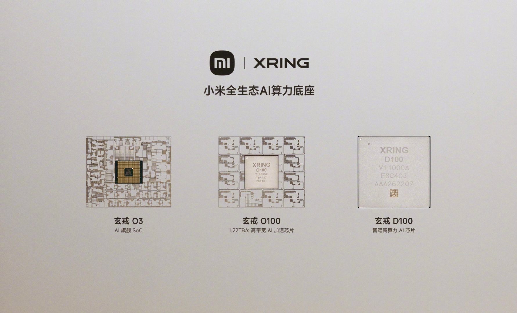 小米人形机器人拿着刚刚发布的三颗芯片。两张实拍图，帅吗？​