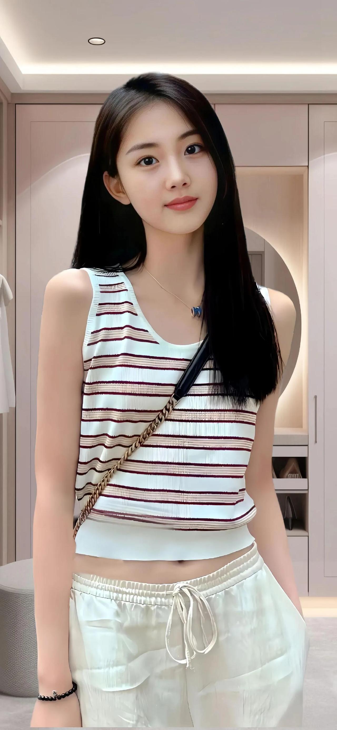 夏日清新穿搭，条纹背心+宽松短裤，轻松自在！街拍高清美女