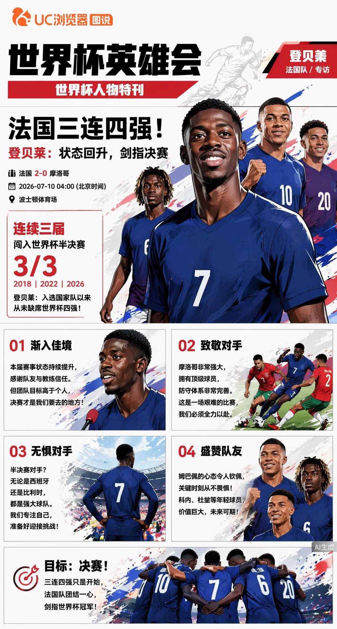 法国连续三届闯入世界杯四强！登贝莱：状态回升，剑指决赛