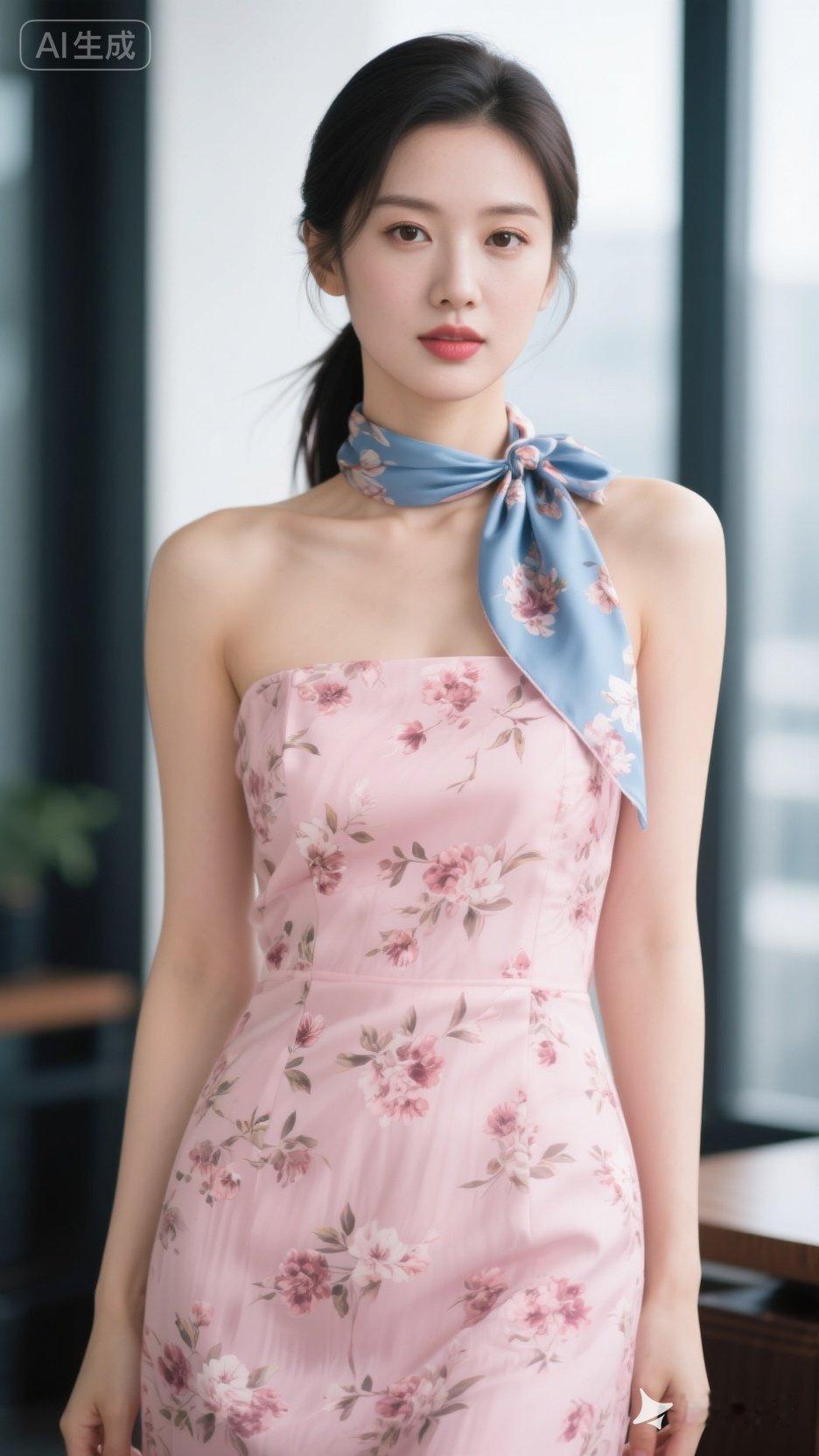 温柔粉裙搭配丝巾，优雅气质满满！🌸💙