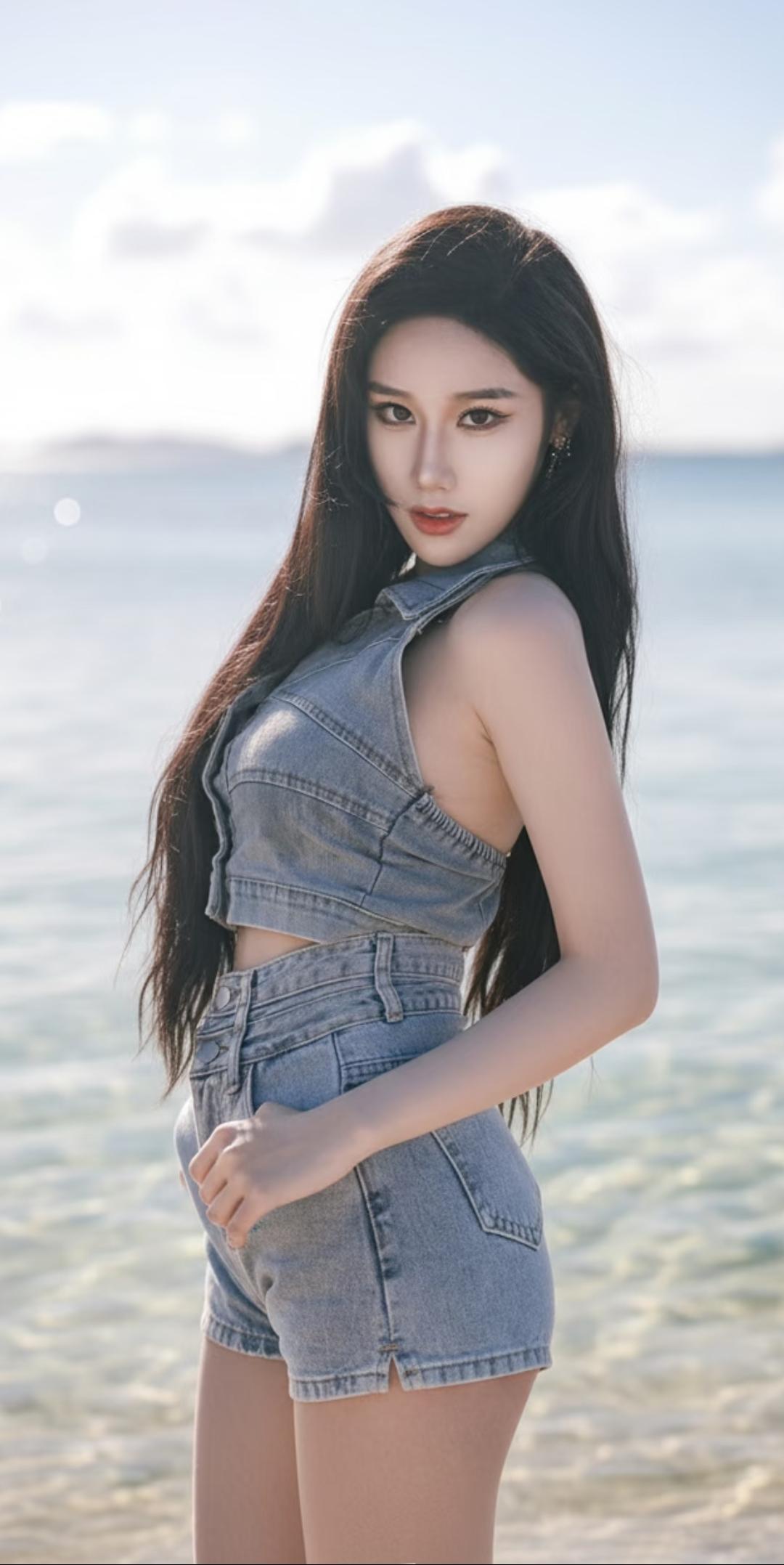 海边美女穿牛仔，好酷啊！