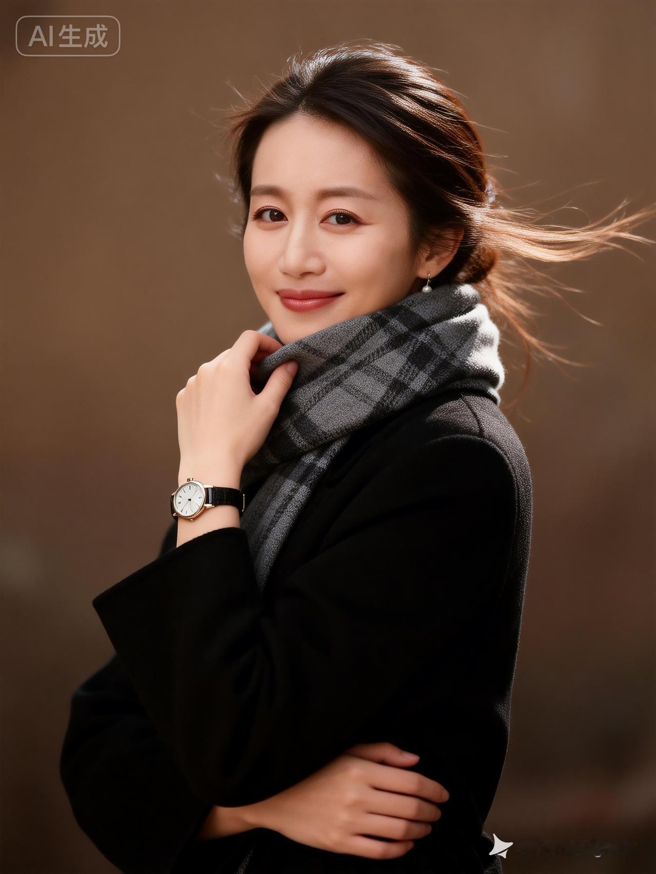 气质优雅绝色女性侧身回眸，头发随意挽起发丝飘逸，妆容精致眼亮含笑。黑外套配灰暗格