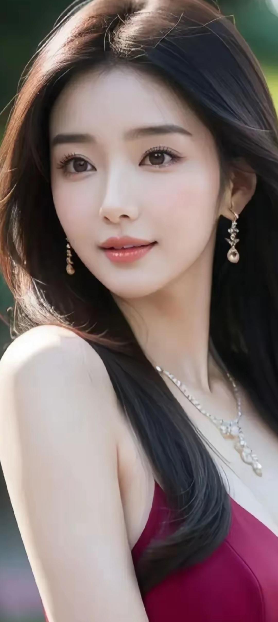 温柔甜美的少女，红裙与珍珠项链相得益彰，散发着优雅的魅力。