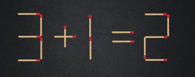 趣味烧脑时刻！图中用火柴摆出的算式“3+1=2”不成立。现在请你只移动