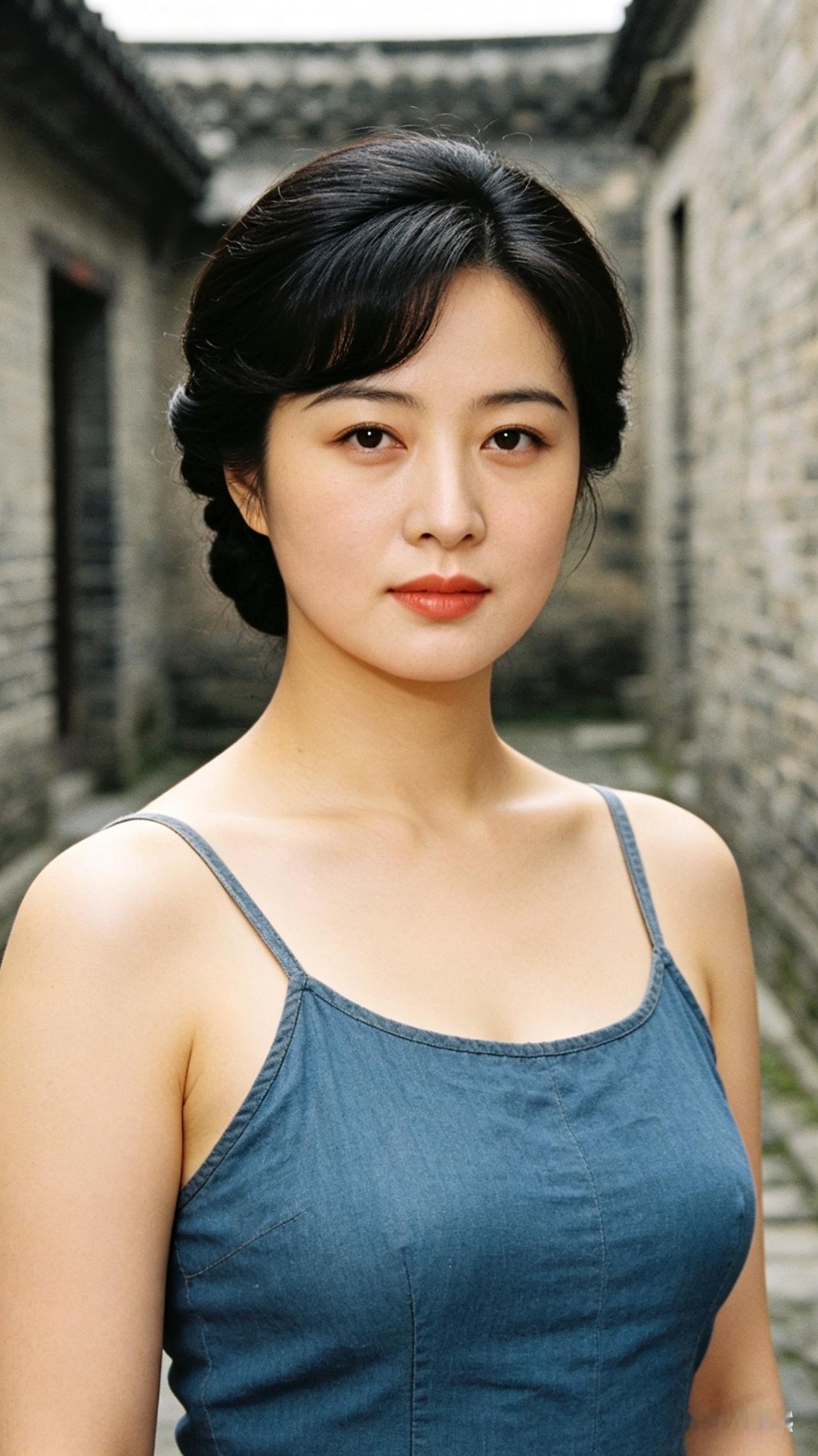 圆脸丰腴女子盘发配斜刘海，身着蓝色棉质吊带布衫，立于青砖院墙前，神色端庄沉静，自
