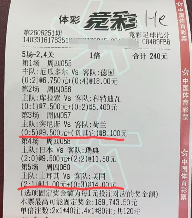 这张彩票有点意思啊，我们看他最后能不能中？其他三场比分应该都没有问题，可荷兰v