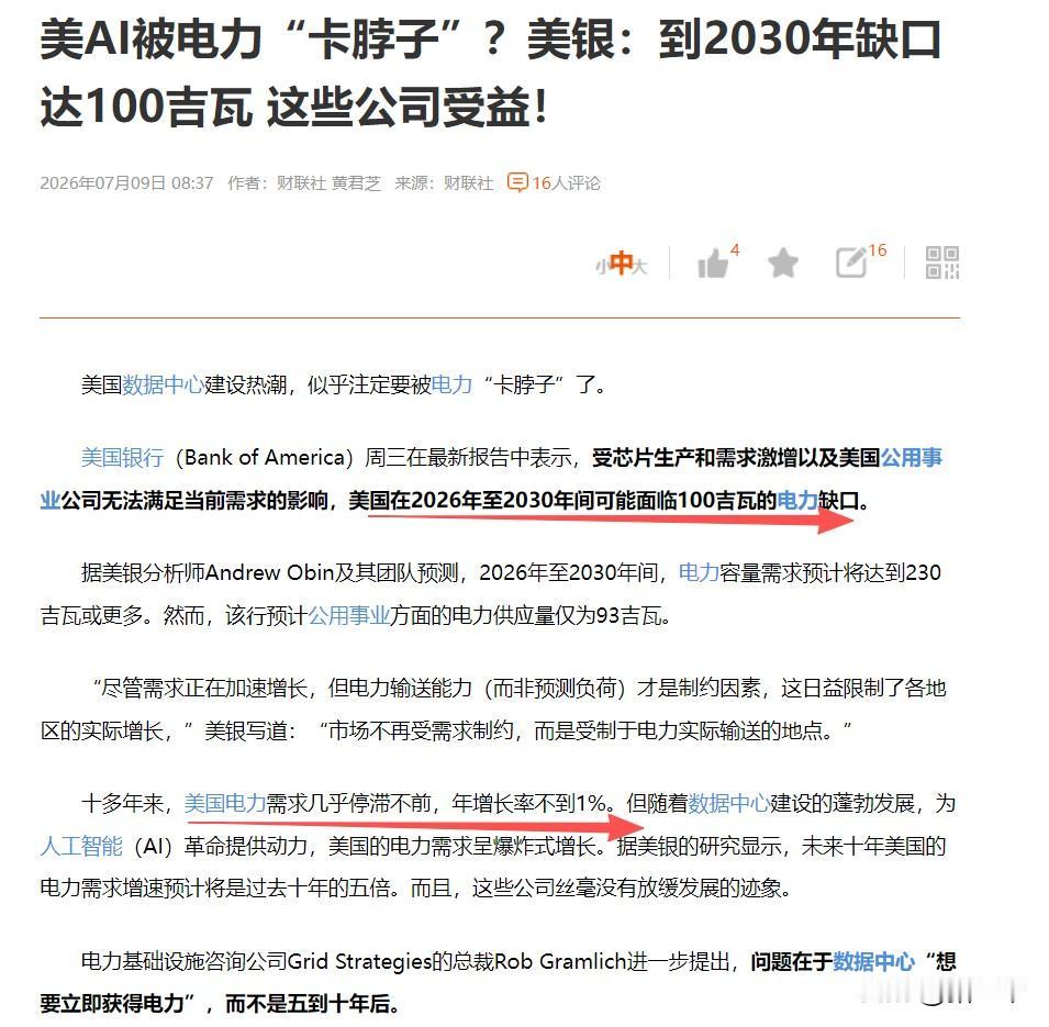 美国电力到2030年缺口100GW是什么水平？相当于50座大型算力中心全年用电