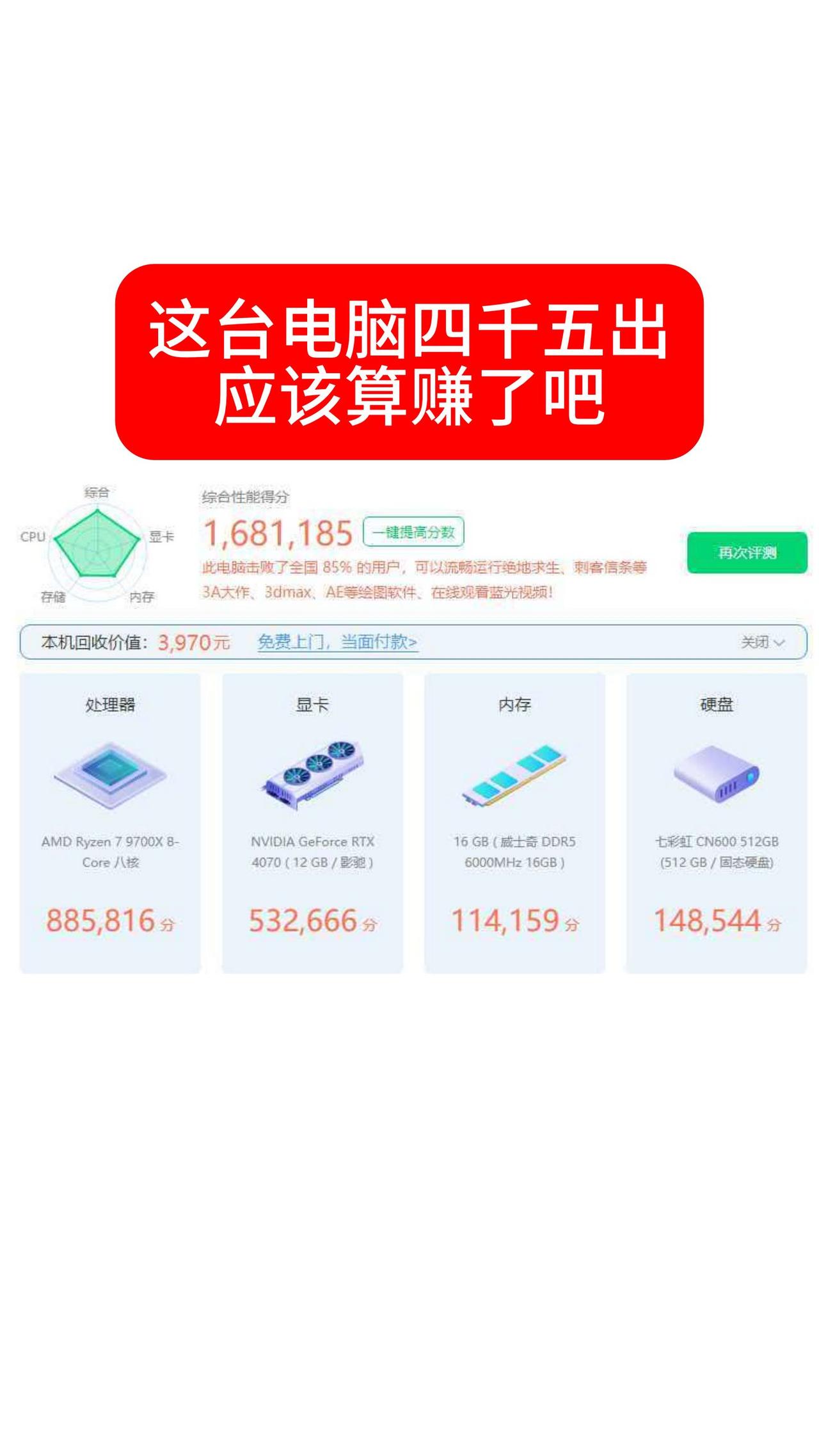 这台电脑四千五出应该算赚了吧。电脑显卡内存